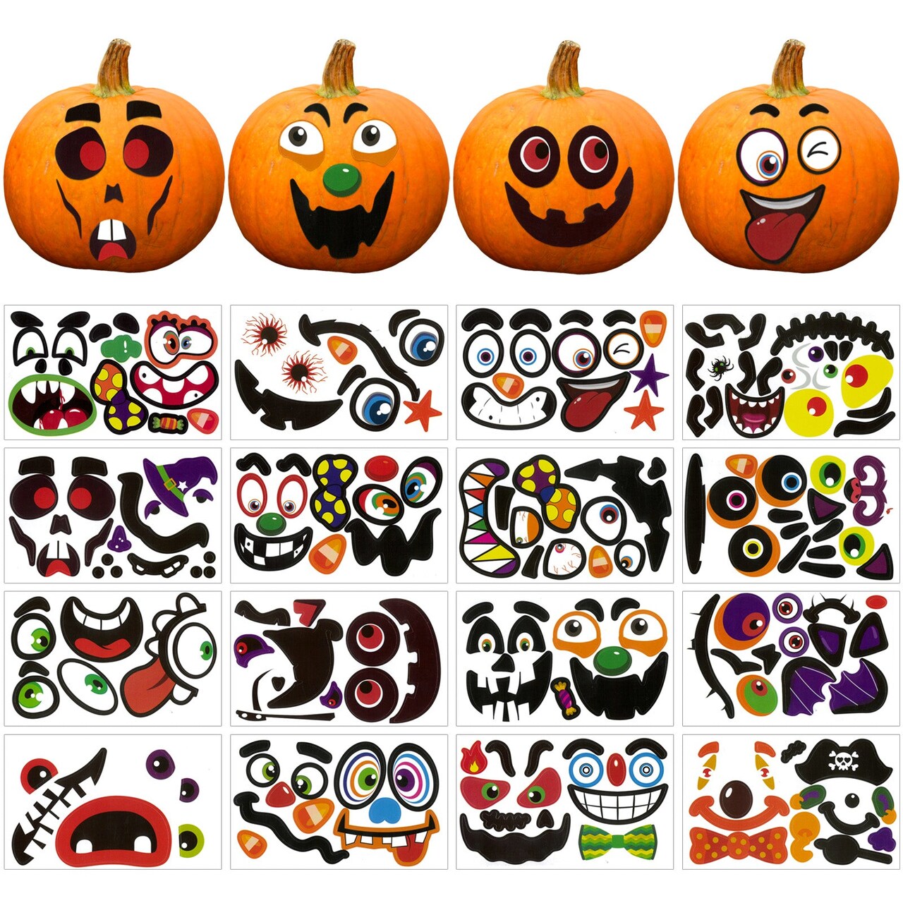 Wrapables Halloween Mini Pumpkin Face Stickers, DIY Halloween Pumpkin Decorating Stickers for Party Supplies, Favors, Trick or Treat (32 Sheets)